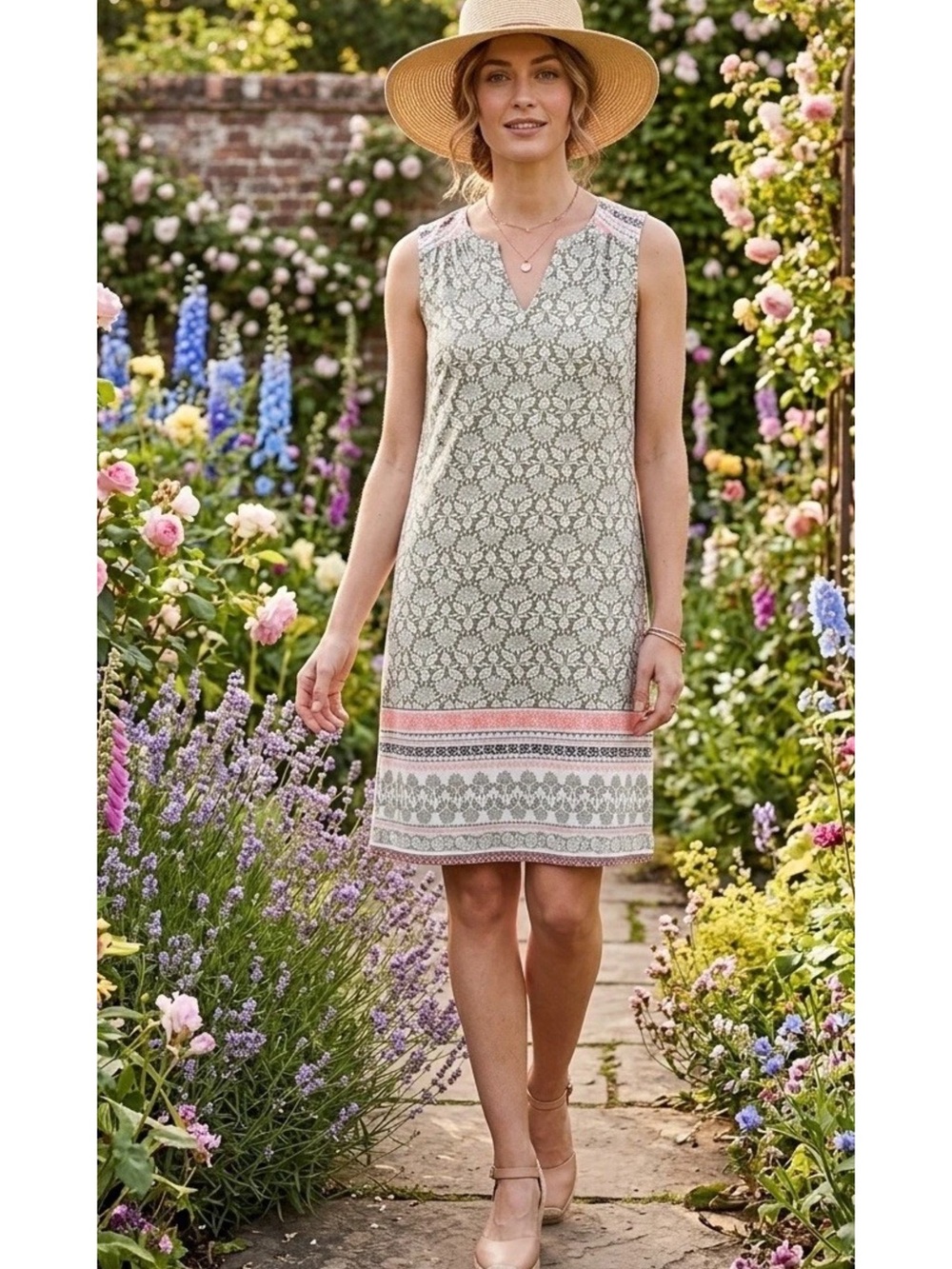 AUW Printed Sleeveless Shift Dress in Sage and Coral